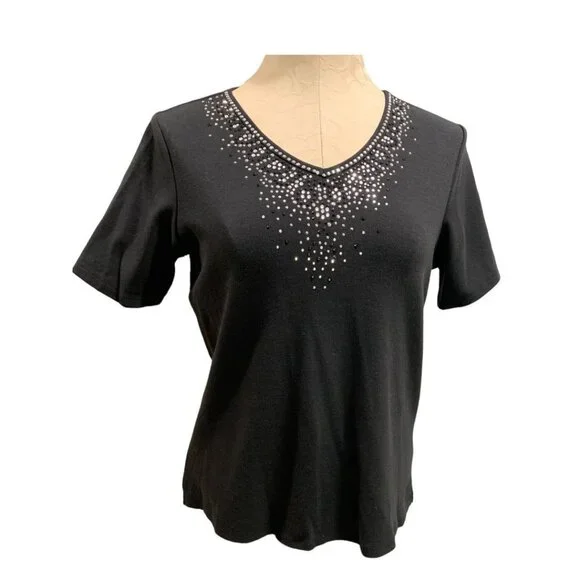 XS Quacker Factory Women's V-Neck Embellished Tshirt Short Sleeve Black - Picture 6 of 7